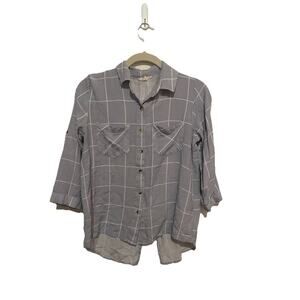 Sim & Sam Womens Blue Button Up High Low Hem Blouse Shirt Medium Roll Tab Sleeve